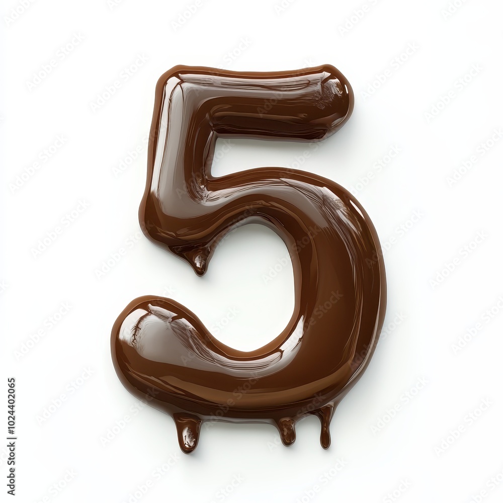A glossy chocolate number 5, designed to appear appetizing and playful. A glossy chocolate number 5, designed to appear appetizing and playful.