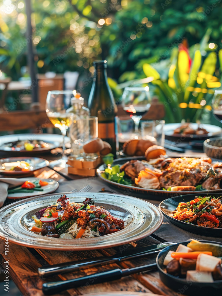 Elegant outdoor dining setup by the pool, featuring gourmet dishes, wine glasses, and a relaxing, luxurious atmosphere. Elegant outdoor dining setup by the pool, featuring gourmet dishes, wine glasses, and a relaxing, luxurious atmosphere.