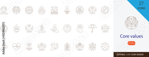 Core values icon set. containing  innovation, teamwork, Integrity, honesty, respect, trust and more editable icons