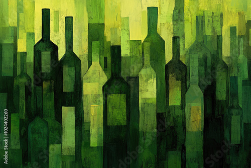 A painting of many green bottles with a green background