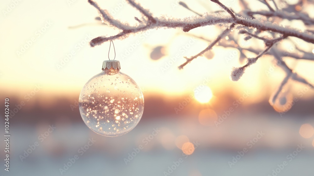 Φωτογραφία The glass ornament suspended from a frosted branch reflects the golden hues of t