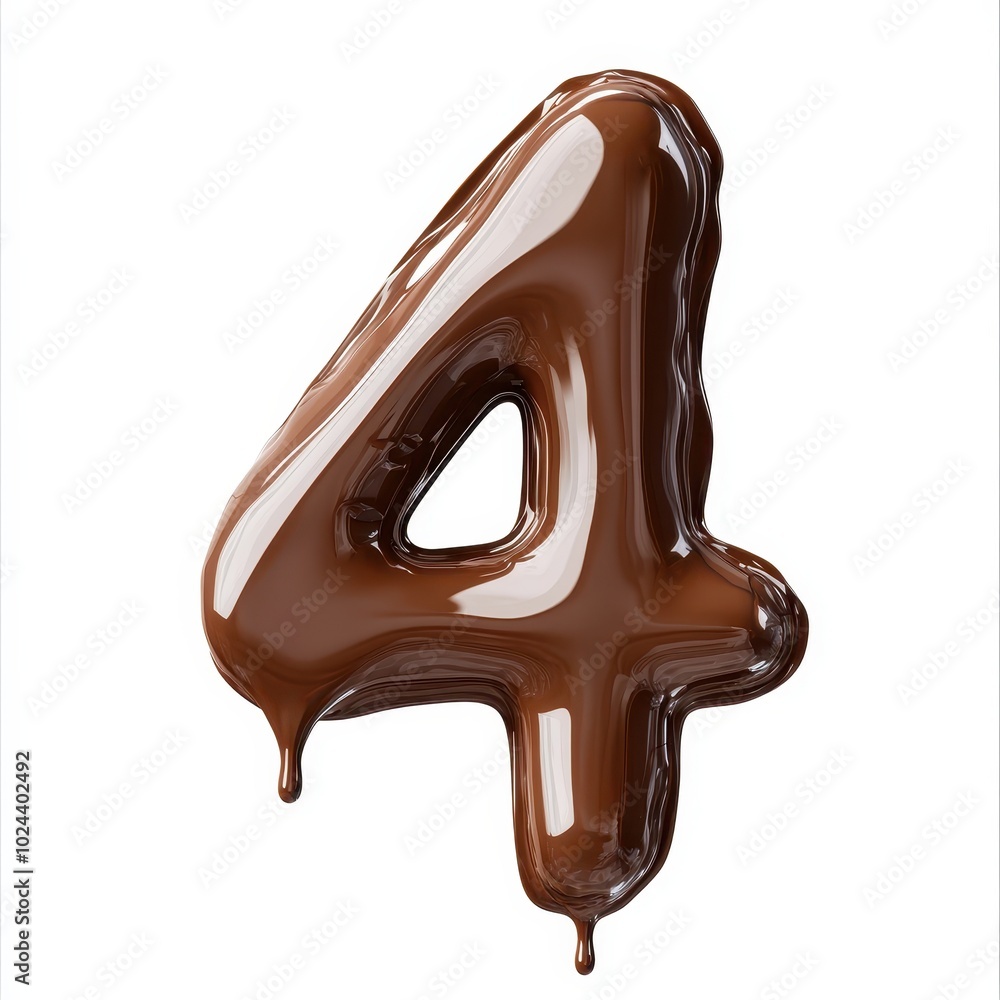 A glossy chocolate number four, dripping slightly, ideal for dessert-themed designs. A glossy chocolate number four, dripping slightly, ideal for dessert-themed designs.