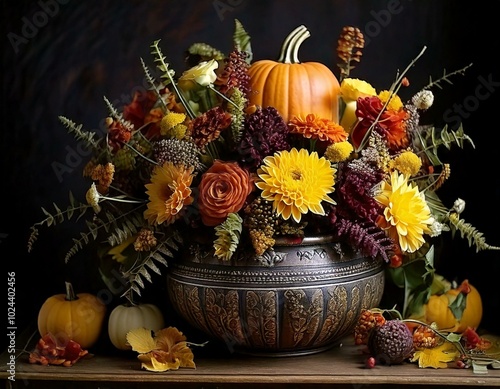 Elegant Halloween Floral Arrangement with Pumpkins and Autumn Colors - かぼちゃと秋の色を使ったエレガントなハロウィンフラワーアレンジメント