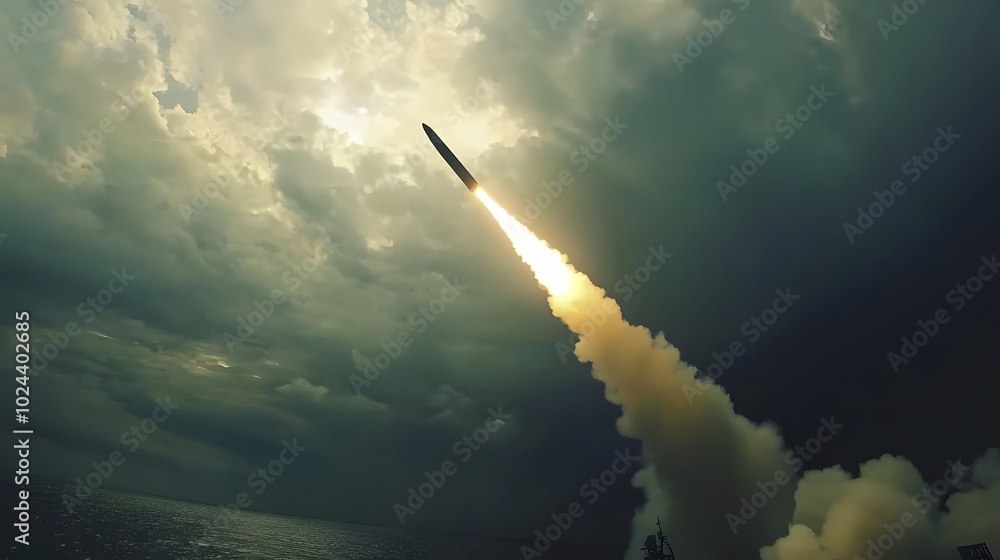 Aerial view of a missile launch from a warship towards a distant target, showcasing the power and precision of military strikes in a dark sky and ocean setting Aerial view of a missile launch from a warship towards a distant target, showcasing the power and precision of military strikes in a dark sky and ocean setting