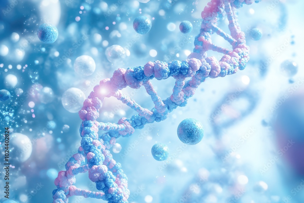 A complex DNA double helix structure surrounded by floating molecular spheres A complex DNA double helix structure surrounded by floating molecular spheres
