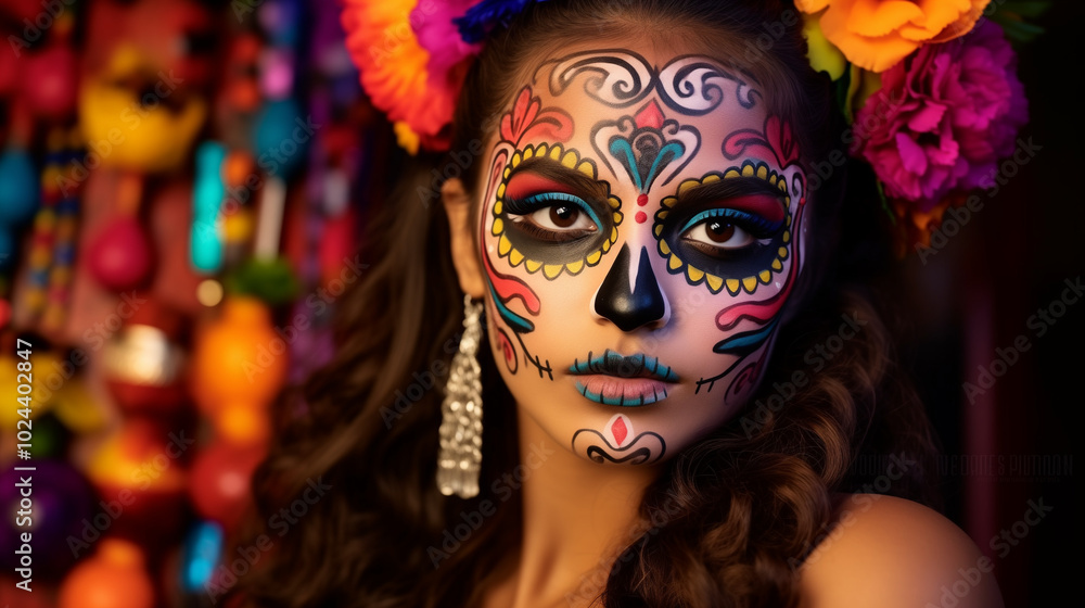 A young Mexican woman showcases elaborate Día de los Muertos makeup with intricate designs, surrounded by colorful decorations during a festive celebration, copy space A young Mexican woman showcases elaborate Día de los Muertos makeup with intricate designs, surrounded by colorful decorations during a festive celebration, copy space