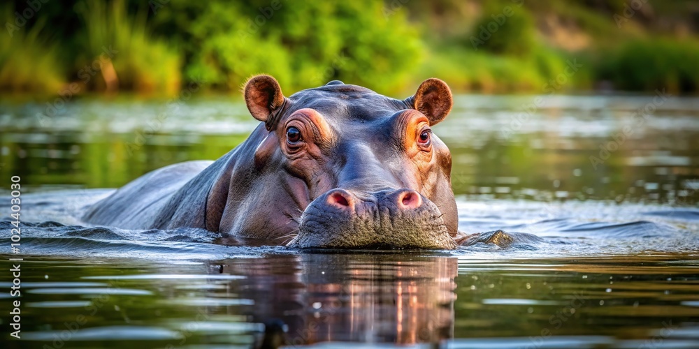 Fototapeta premium Tilted angle hippopotamus swimming and diving in river