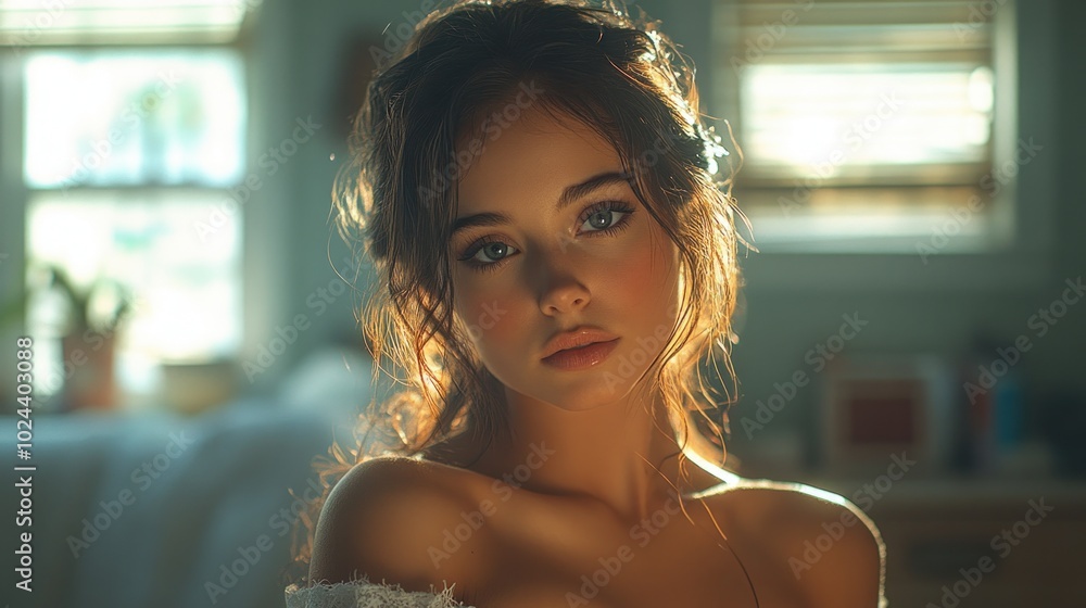 A young woman with long brown hair and blue eyes looks directly at the camera with a serious expression. The light from a window behind her creates a halo effect around her head. A young woman with long brown hair and blue eyes looks directly at the camera with a serious expression. The light from a window behind her creates a halo effect around her head.