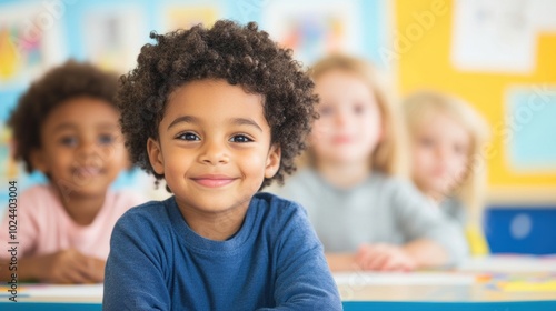 A group of happy young children is actively participating in an arts and crafts session in a bright classroom filled with colors
