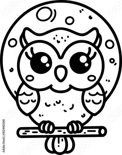 Cartoon owl perched on a full moon night, hand-drawn in line art style. Vector illustration, isolated for easy use in kid's designs, playful projects, and woodland themes. photo