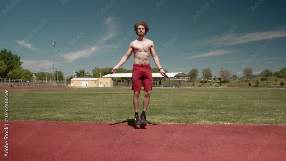 Shirtless man jumping rope on outdoor running track Shirtless man jumping rope on outdoor running track