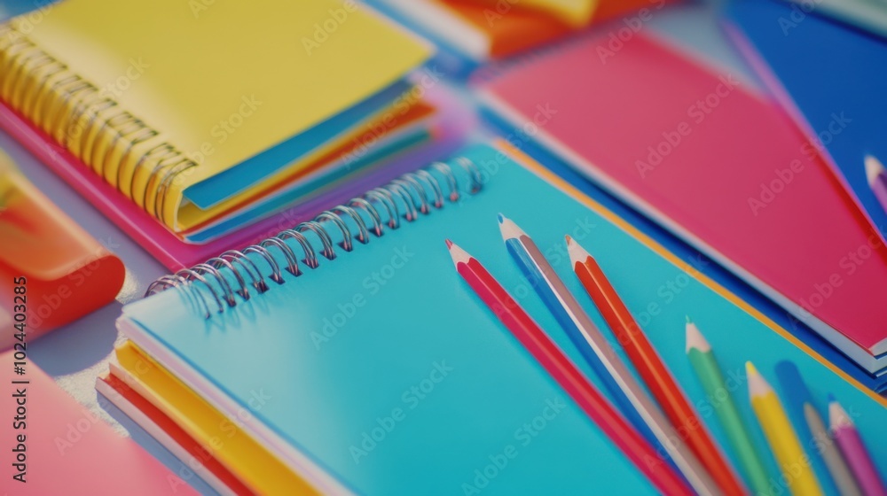 School supplies, close-up of colorful notebooks and pencils neatly arranged School supplies, close-up of colorful notebooks and pencils neatly arranged