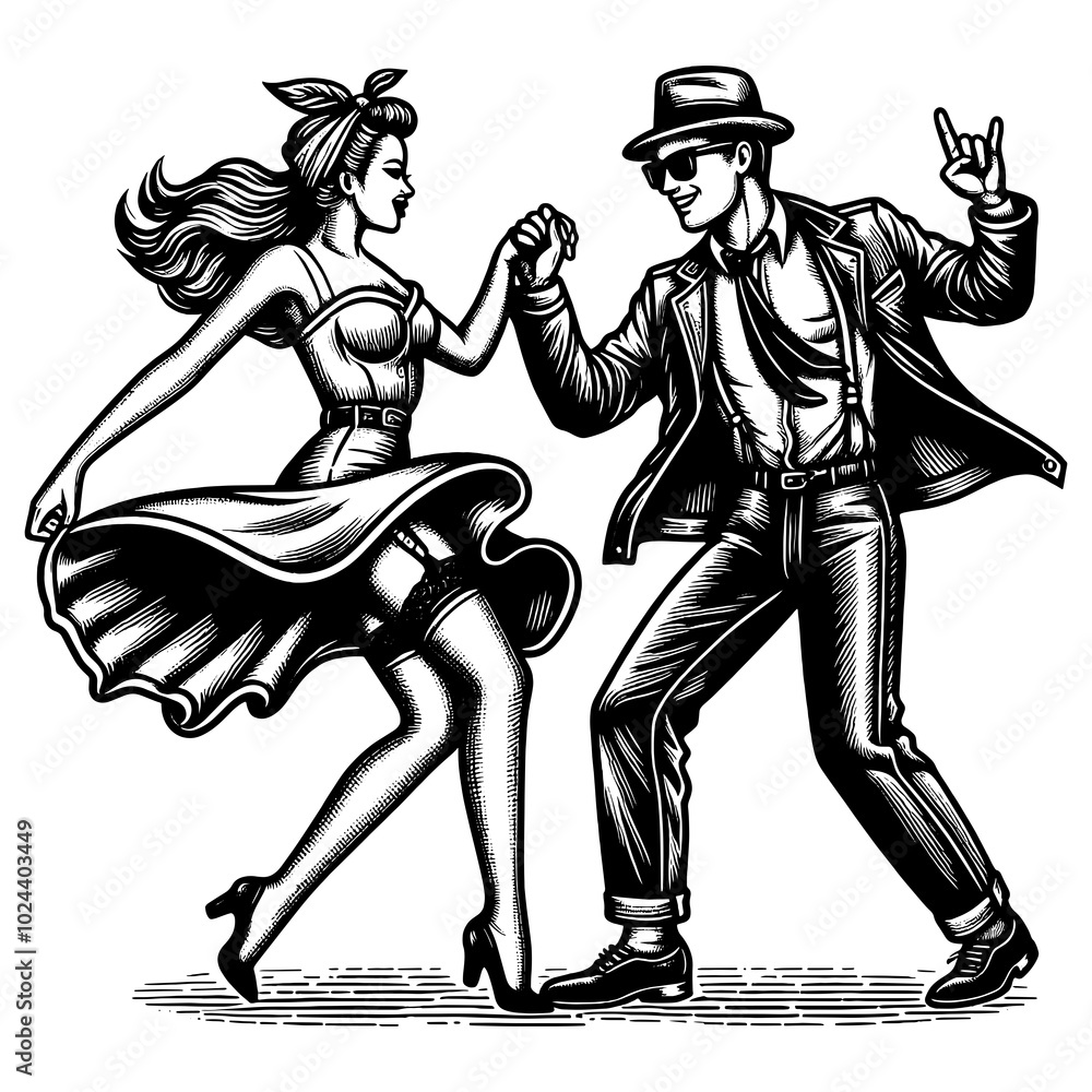 Fototapeta premium dancing couple in retro rockabilly style, energetic movement, vintage fashion, fun, rebellious vibes sketch engraving generative ai PNG illustration. Scratch board imitation. Black and white image.