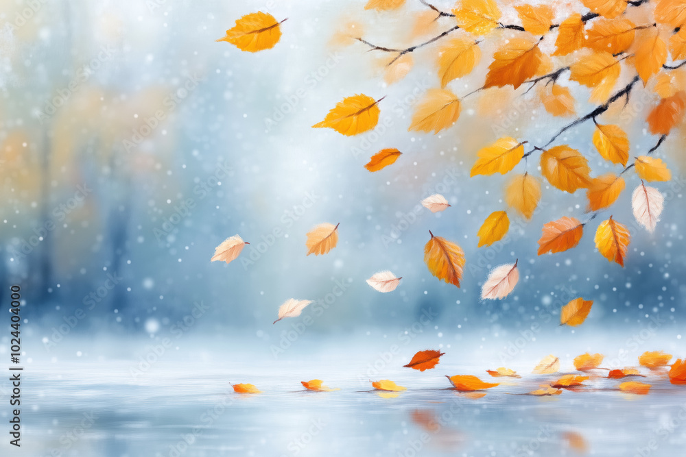Peaceful autumn scene with golden leaves falling from a tree branch against a misty background, in a soft, impressionist style, evoking serenity. Peaceful autumn scene with golden leaves falling from a tree branch against a misty background, in a soft, impressionist style, evoking serenity.