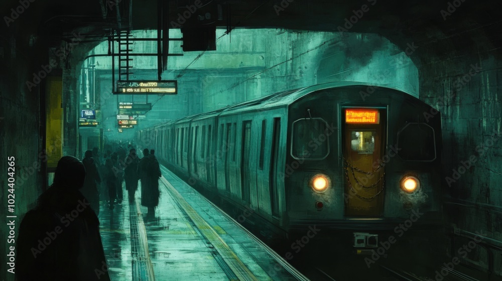 Subway station, close-up of train arriving, busy underground setting Subway station, close-up of train arriving, busy underground setting