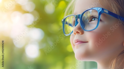 Young child wearing blue glasses focusing on distant tree outside window, symbolizing myopia prevention and importance of outdoor activities photo