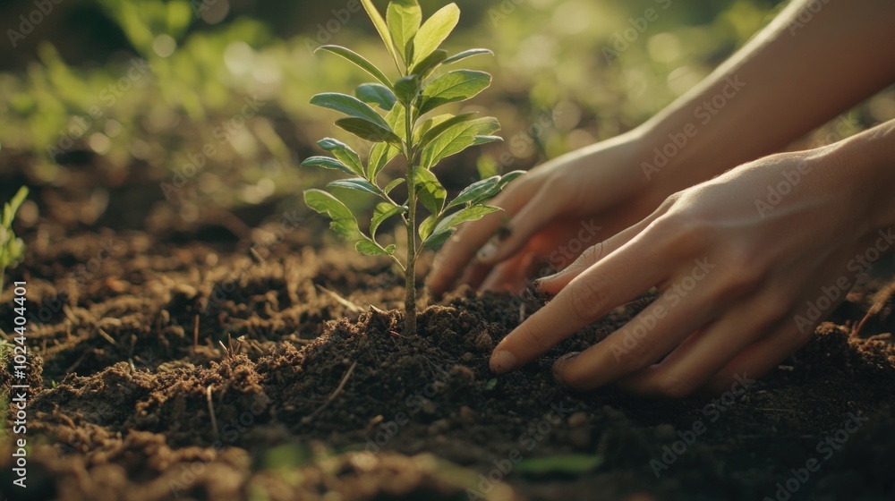 Fototapeta premium hands planting young green seedling in soil showing growth and environmental care concept