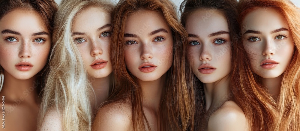 Collage Image Of Different Young Caucasian Women Looking At Camera Collage Image Of Different Young Caucasian Women Looking At Camera