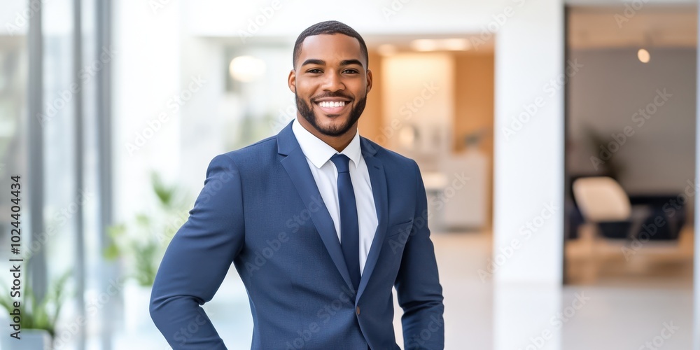 A confident young professional standing in a bright office space, dressed in a sharp blue A confident young professional standing in a bright office space, dressed in a sharp blue