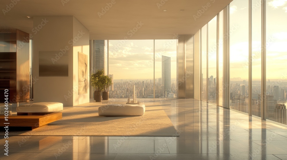 Fototapeta premium A modern, spacious interior with large windows showcasing a city skyline at sunset.