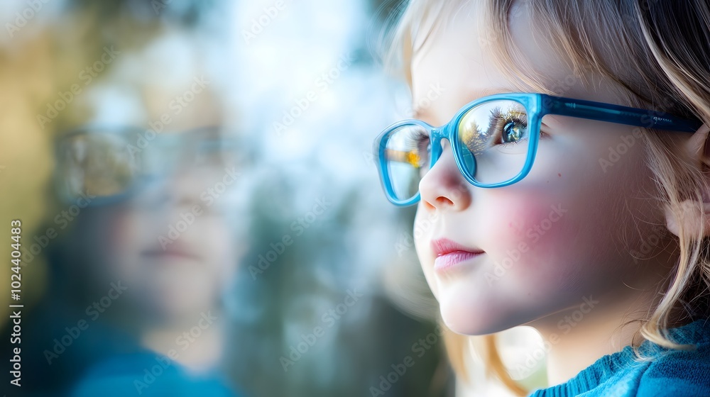 Young child wearing blue glasses focusing on distant tree outside window, symbolizing myopia prevention and importance of outdoor activities Young child wearing blue glasses focusing on distant tree outside window, symbolizing myopia prevention and importance of outdoor activities