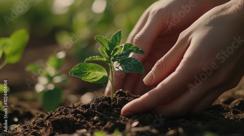 hands planting young green seedling in soil showing growth and environmental care concept photo