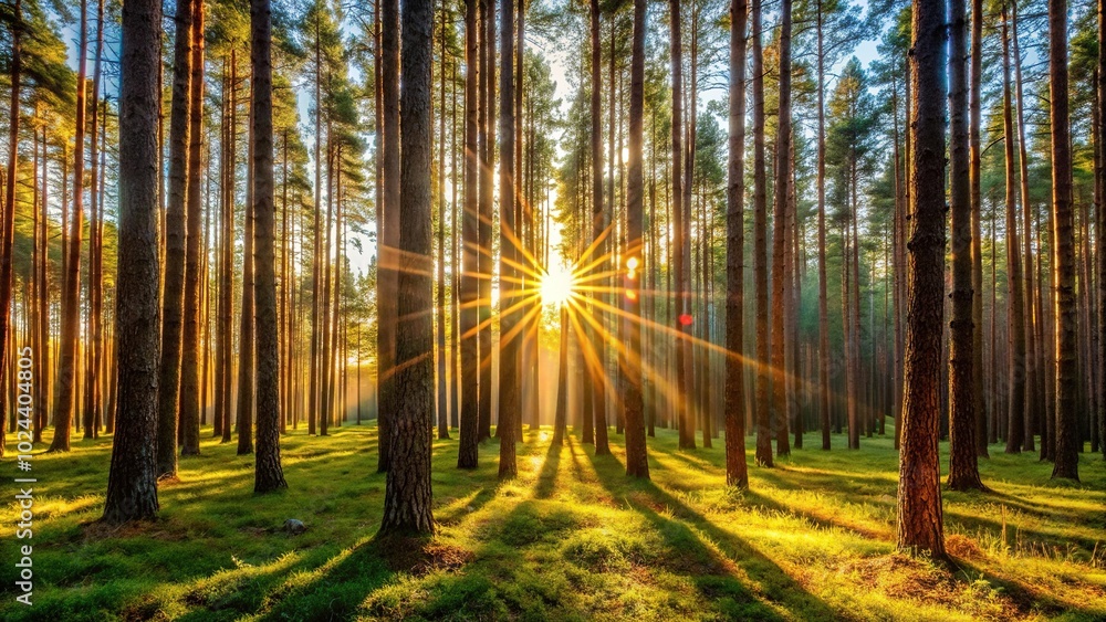 Fototapeta premium Tilted angle of sun shining through trees in Russian forest