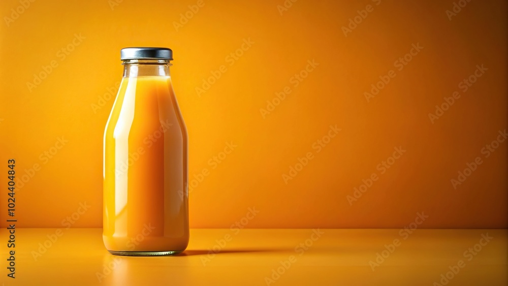 Tilted angle orange juice bottle on vibrant orange background Tilted angle orange juice bottle on vibrant orange background
