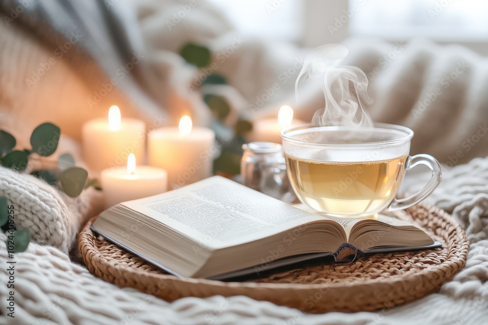 A cozy scene featuring an open book resting on a wicker tray, accompanied by a steaming cup A cozy scene featuring an open book resting on a wicker tray, accompanied by a steaming cup