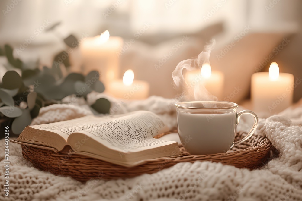 A cozy scene featuring an open book resting on a wicker tray, accompanied by a steaming cup A cozy scene featuring an open book resting on a wicker tray, accompanied by a steaming cup