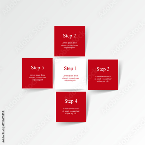 Step by step business presentation with 5 options, parts or processes. Red cross infographic. Concept of medicine.