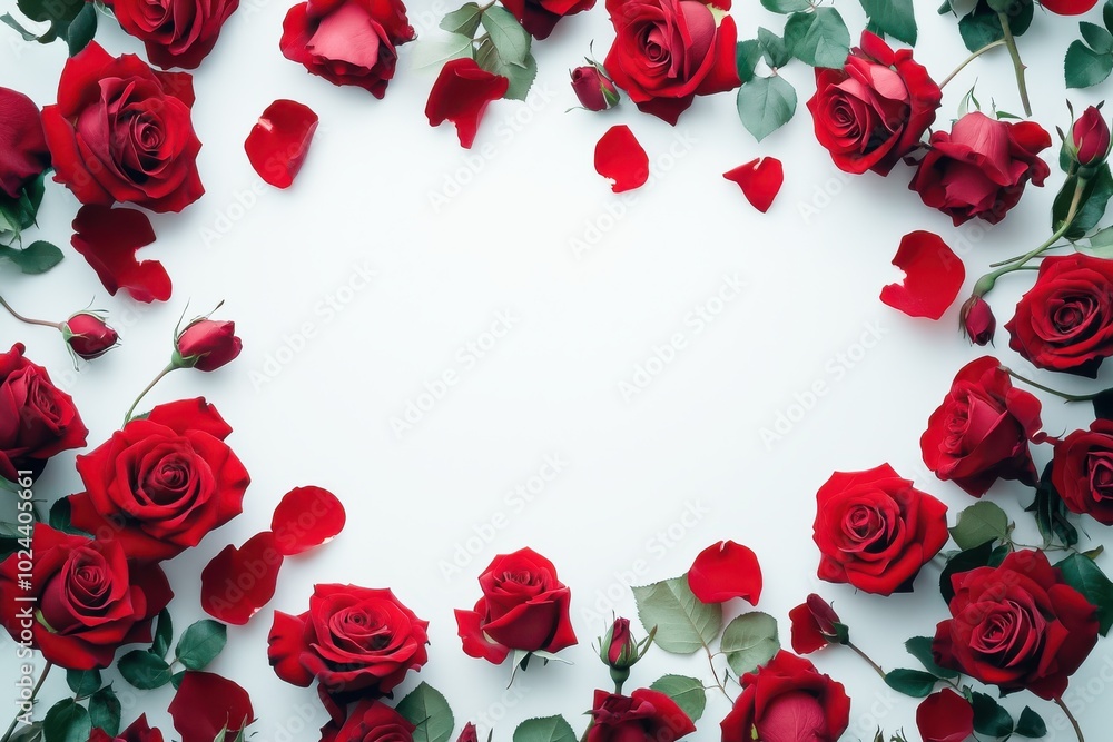 A delicate arrangement of deep red roses framing an empty space in the center on a white A delicate arrangement of deep red roses framing an empty space in the center on a white