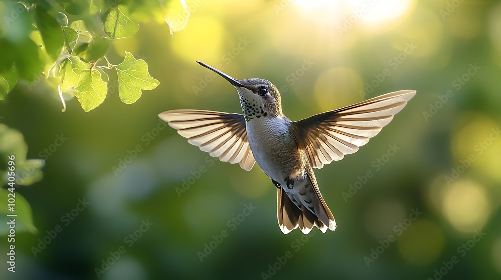 A hummingbird in flight, wings spread wide, with green leaves and sunlight in the background. A hummingbird in flight, wings spread wide, with green leaves and sunlight in the background.