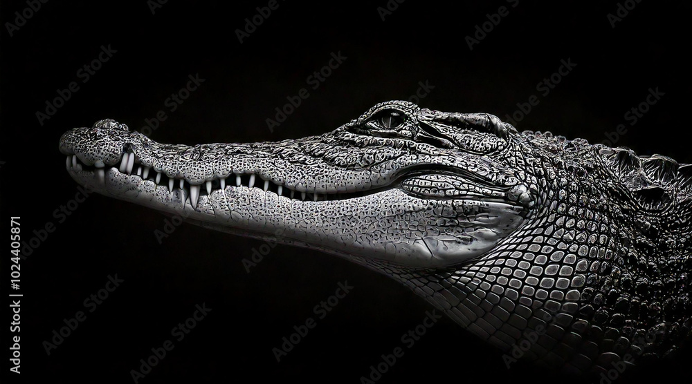 Obraz premium An elegant black and white shot of crocodile in a dark setting