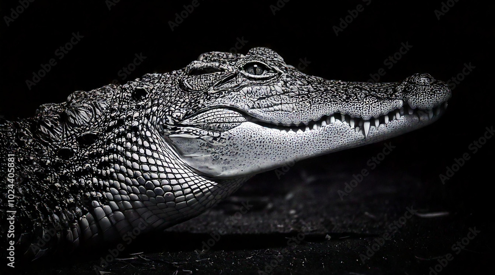 Fototapeta premium An elegant black and white shot of crocodile in a dark setting