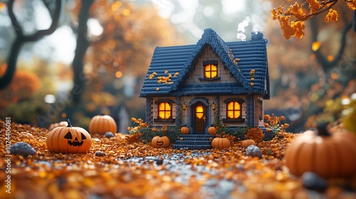 Cute Voxel Style House in Autumn Scene photo