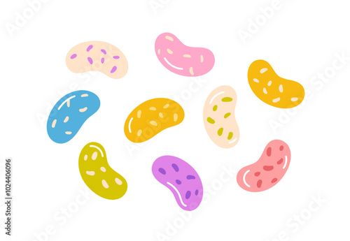 Jelly beans, gummy candies set. Chewy sweets, sugar-coated gums, glazed sugary gel treats. Fruit-flavored gelatin snacks, confectionery. Flat vector illustration isolated on white background