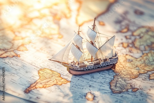 A detailed miniature ship with white sails rests on a large, vintage world map, illuminated by warm photo