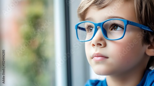 Young child wearing blue glasses focusing on distant tree outside window, symbolizing myopia prevention and importance of outdoor activities