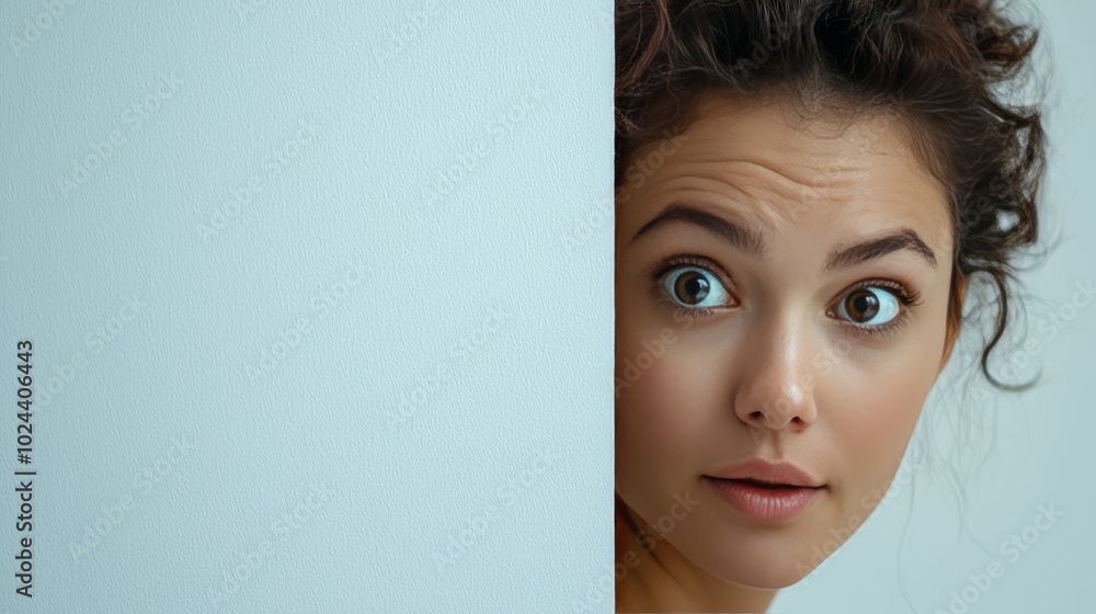 Curious woman peeking through a doorway with wide-eyed expression Curious woman peeking through a doorway with wide-eyed expression