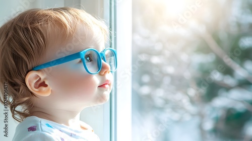 Young child wearing blue glasses focusing on distant tree outside window, symbolizing myopia prevention and importance of outdoor activities