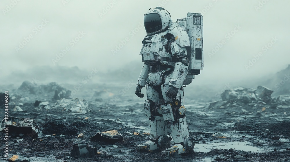 Futuristic Robot Figure in a Desolate Landscape Futuristic Robot Figure in a Desolate Landscape