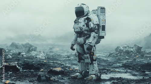 Futuristic Robot Figure in a Desolate Landscape