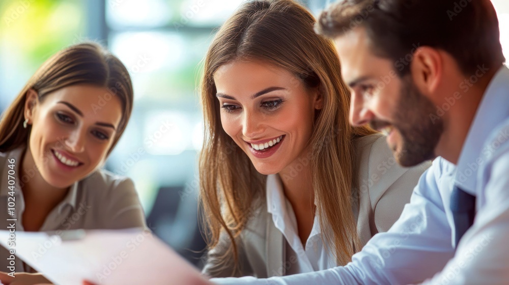 Three professionals collaborate and discuss a document, showcasing teamwork and engagement. Three professionals collaborate and discuss a document, showcasing teamwork and engagement.