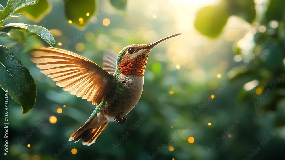 Naklejka premium A hummingbird in flight with bokeh background, flying through the air with green leaves.