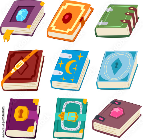 fantasy book set cartoon. wizards elves, quests kingdoms, spells enchantment fantasy book sign. isolated symbol vector illustration