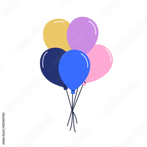 Air balloons bunch floating, flying up. Festive baloon bundle tied with string. Helium decoration, birthday decor. Decorative ballons bundle. Flat vector illustration isolated on white background