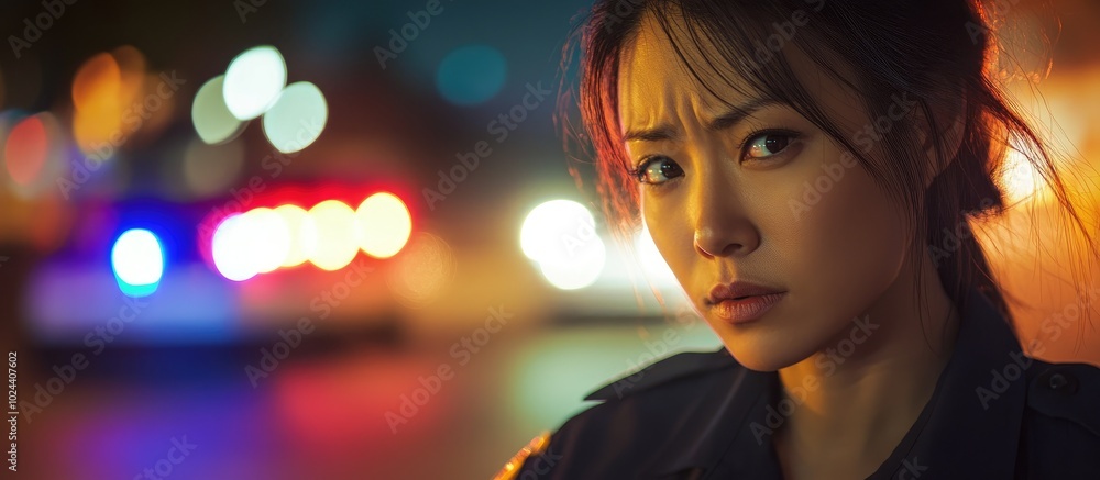 Asian American Woman Police Officer At Crime Scene Looking Serious Asian American Woman Police Officer At Crime Scene Looking Serious