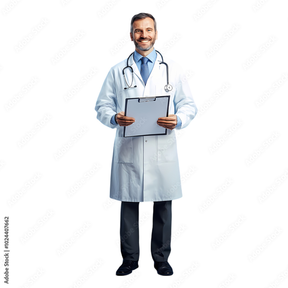 A doctor is holding a tablet with a picture of a man in a white coat A doctor is holding a tablet with a picture of a man in a white coat