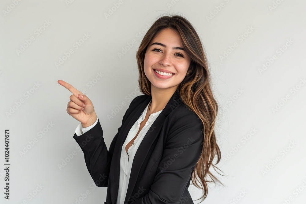 Confident young businesswoman smiling and pointing away while engaging with camera, professional portrait against clean white background